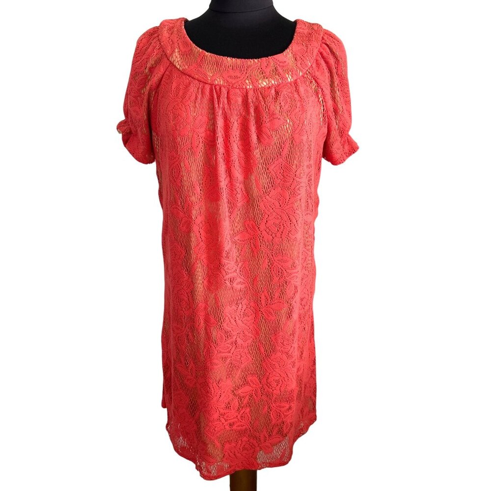 Perceptions New York Orange Lace, Short Sleeve Dress With Tan Lining, Size 12